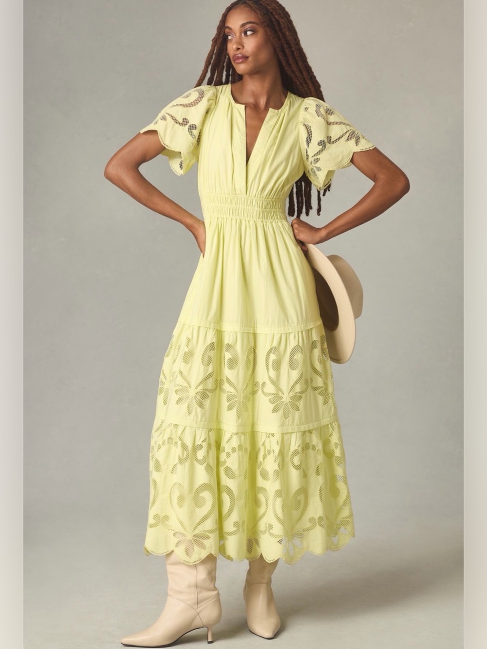 Anthropologie Lemon Eyelet Tiered Maxi Dress